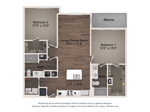 Floor plan for 2 beds, 2 baths, 1152 sqft